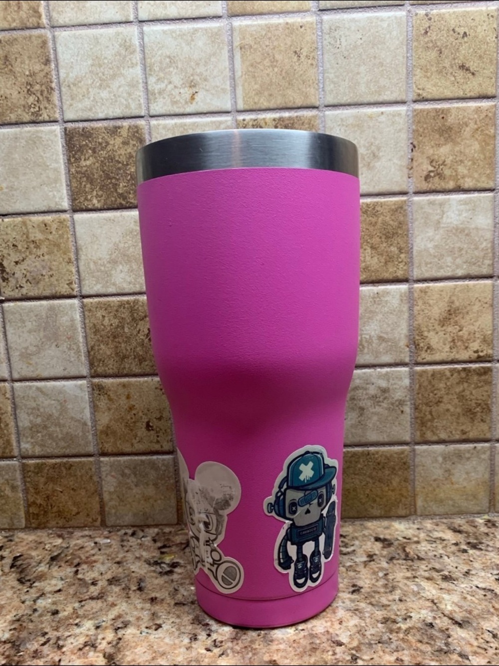Pink 30 oz Stainless Steel Tumbler with a Powder-Coated finish and a metal rim.